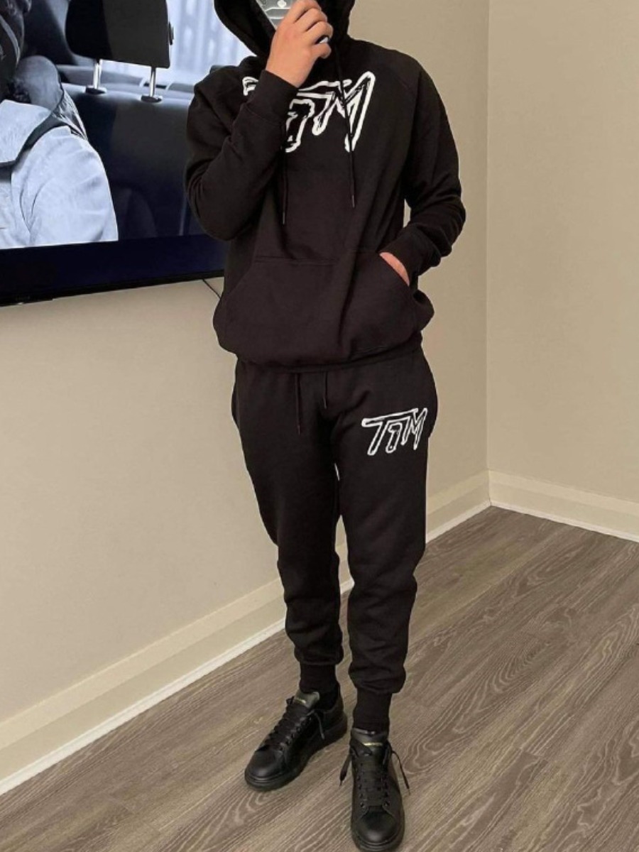 

LW Hooded Collar Letter Print Oversized Two Piece Pants Set, Black