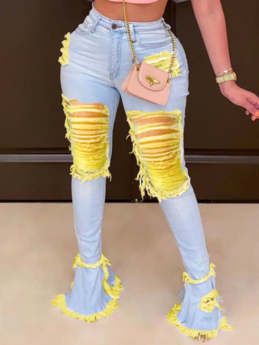 

Lovely High-waisted Ripped Flared Jeans, Yellow
