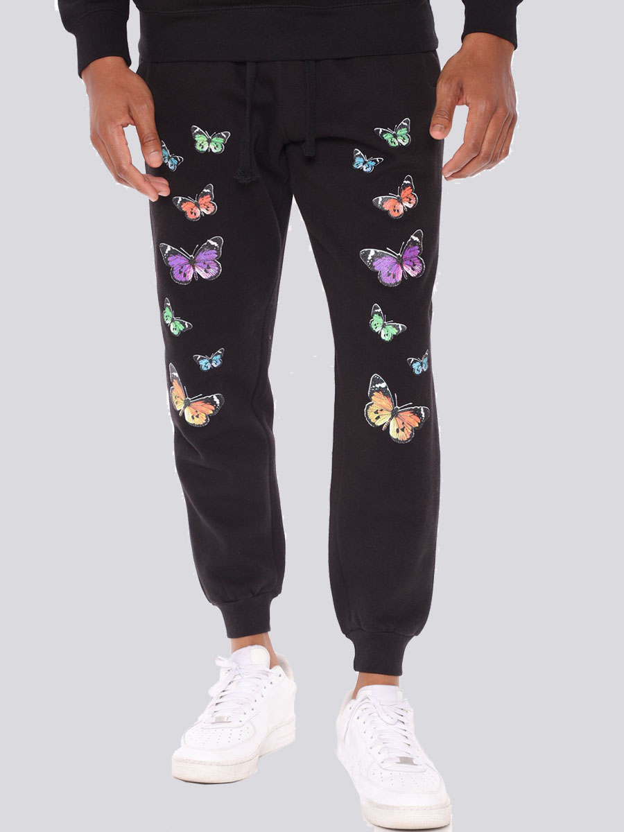

Lovely Men Butterfly Print Drawstring Pants, Black