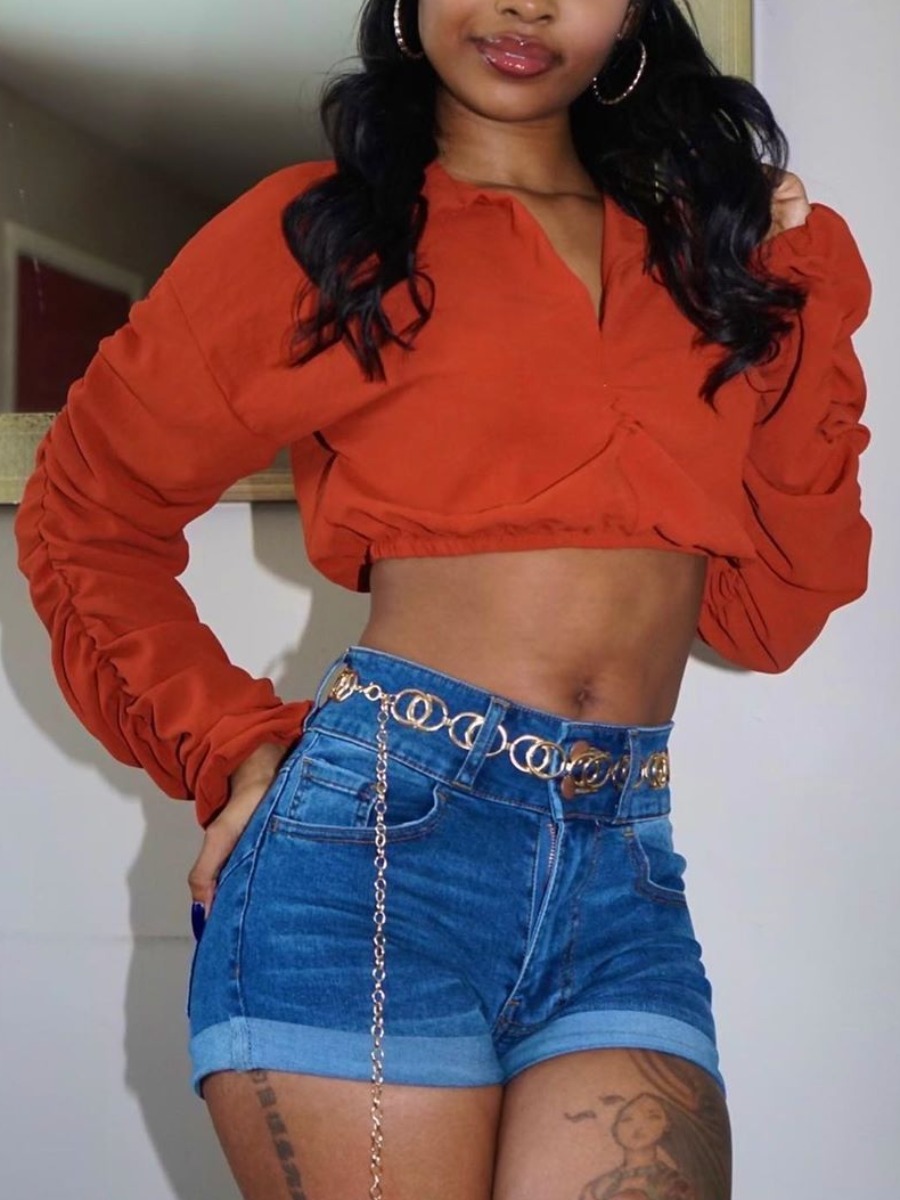 

LW BASIC Dropped Shoulder Fold Design Crop Top Sweatshirt, Red