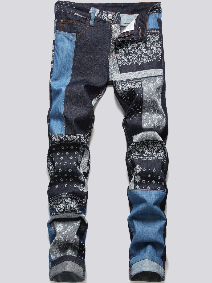 

LW Men Cashew Print Patchwork Jeans, Blue