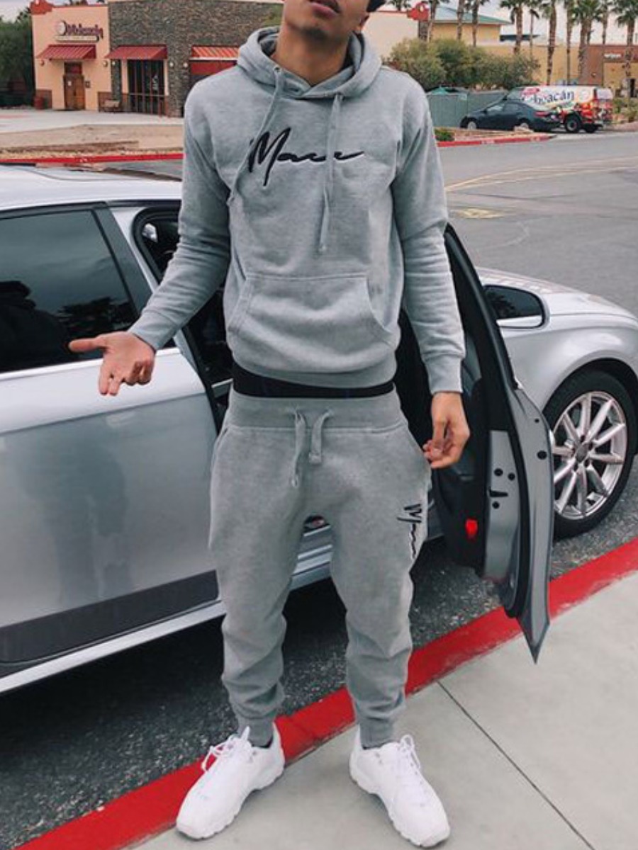 LW Men Letter Print Drawstring Tracksuit Set
