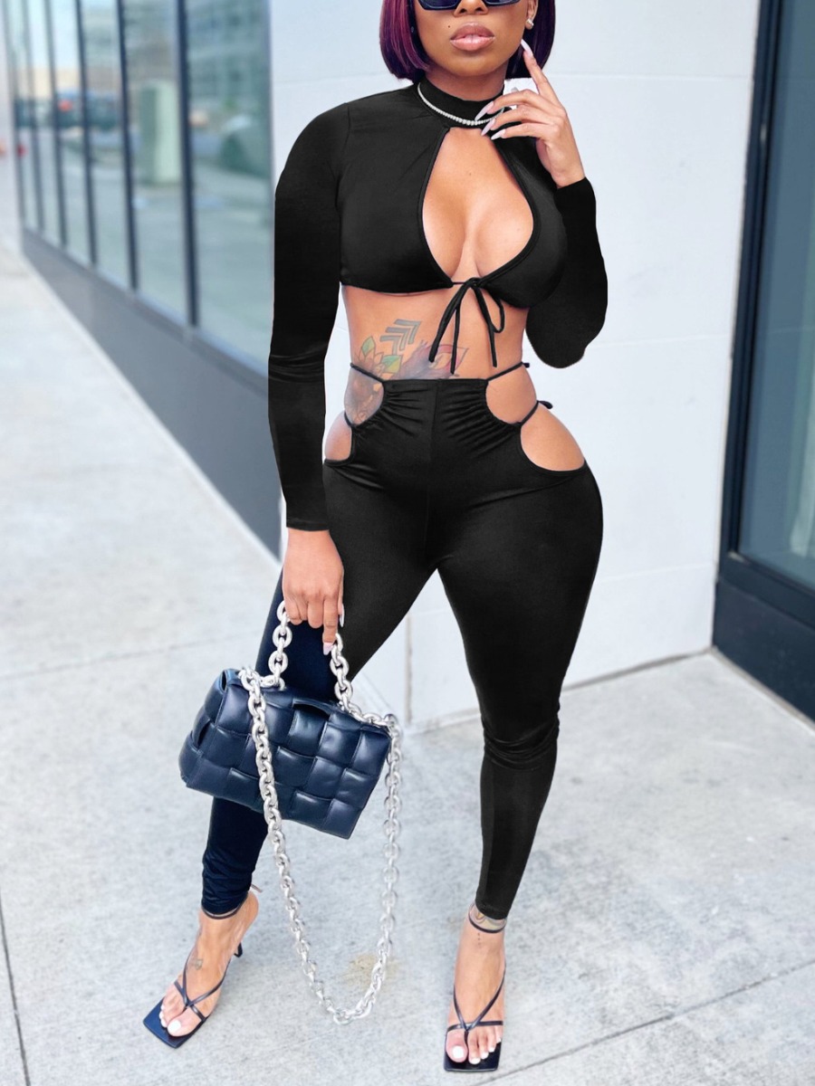 

LW SXY Bandage Hollow-out Design Two Piece Pants Set, Black