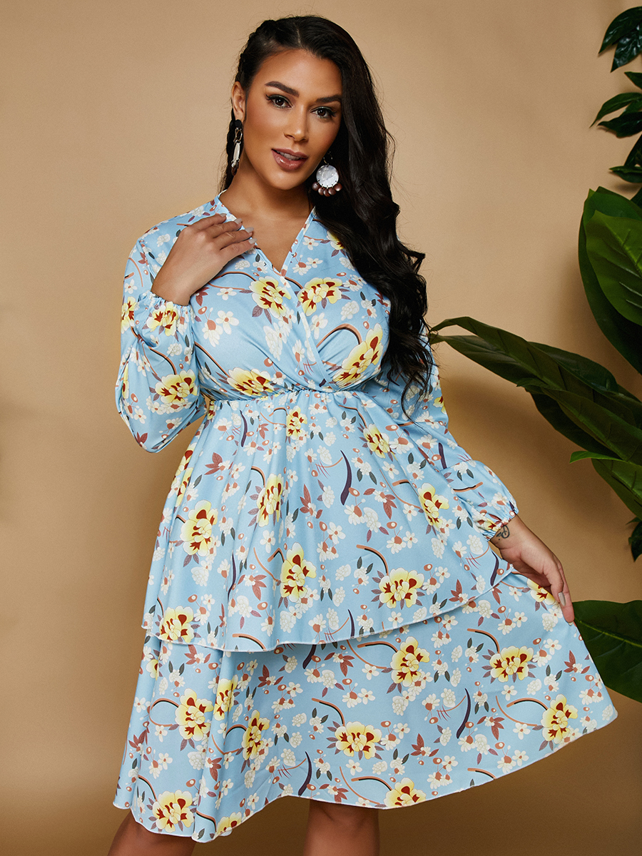 

Lovely Floral Print Layered Cascading A Line Dress, Blue
