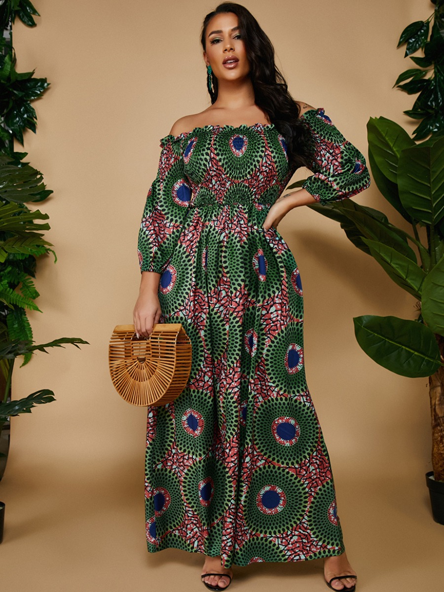 

Lovely Off The Shoulder Mixed Print A Line Dress, Green