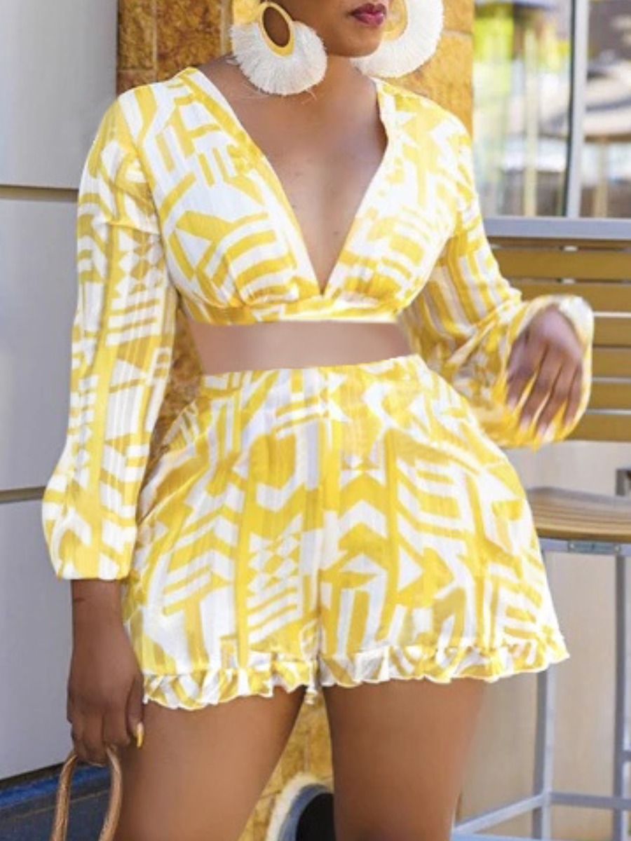 

LW SXY Backless Frill Trim Two Piece Shorts Set, Yellow