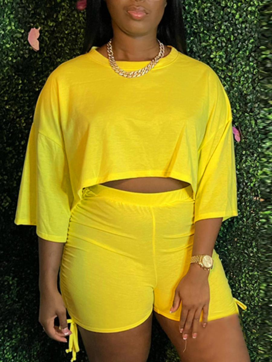 

Lovely Dropped Shoulder Drawstring Two Piece Shorts Set, Yellow