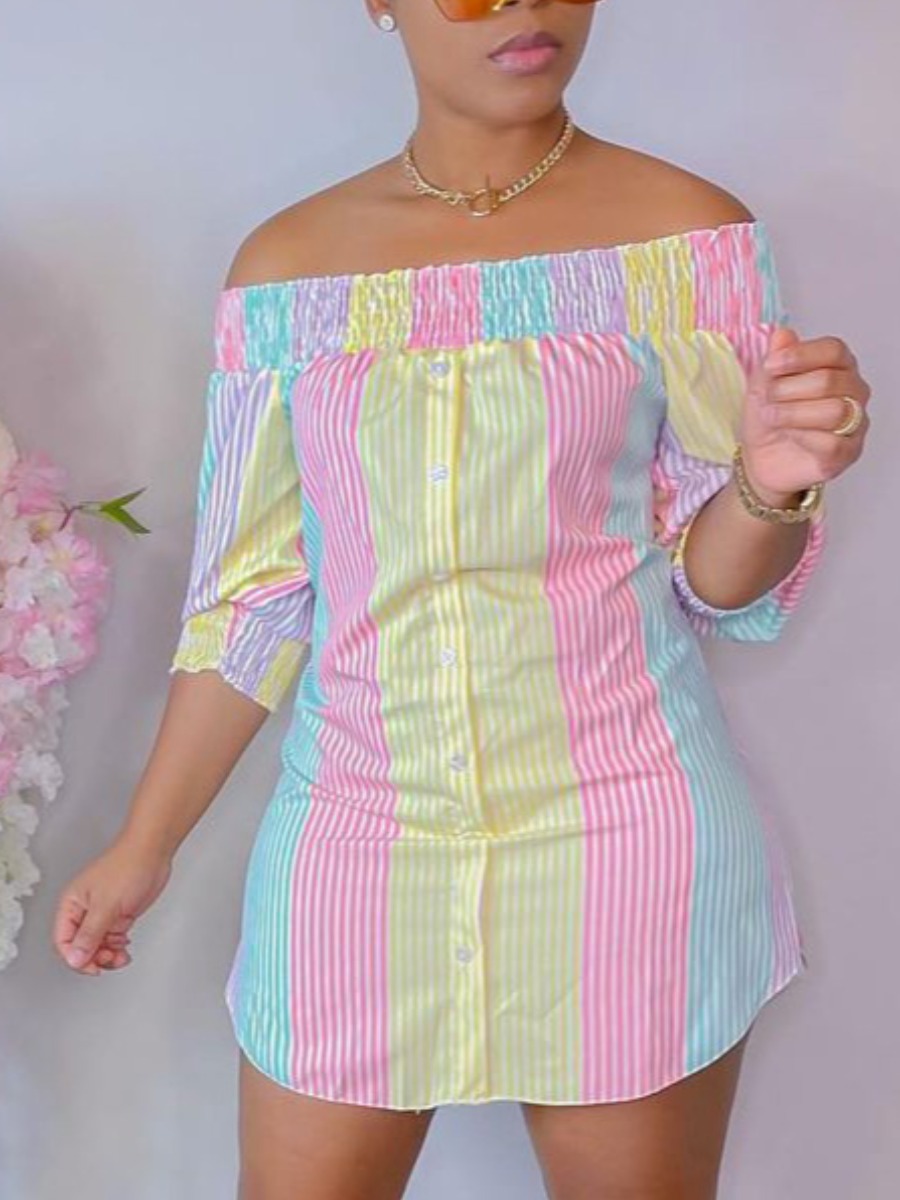 

LW Off The Shoulder Rainbow Striped Dress, Pink