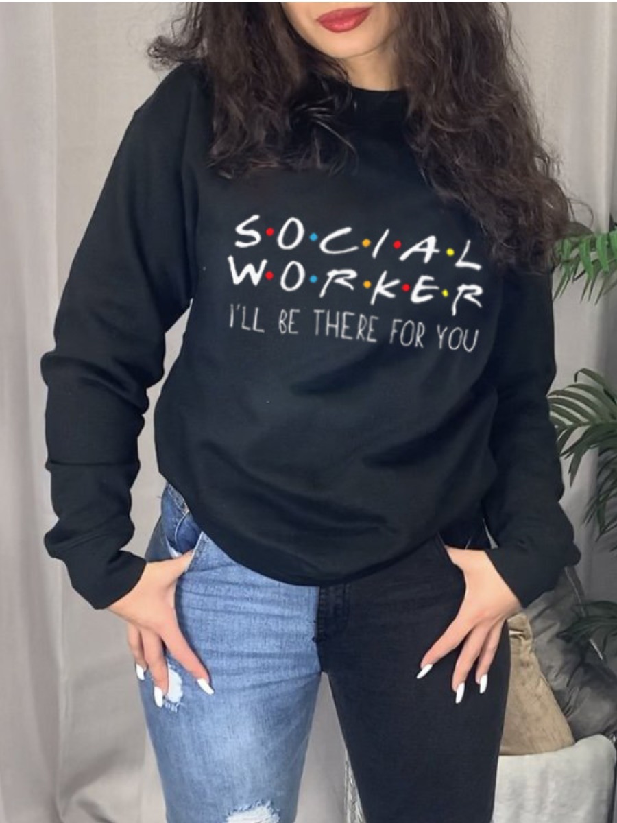 

LW Round Neck Letter Print Oversized Hoodie, Black