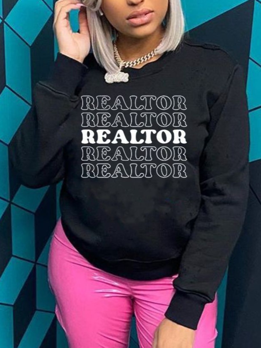 

LW BASICS Round Neck Letter Print Oversized Hoodie, Black