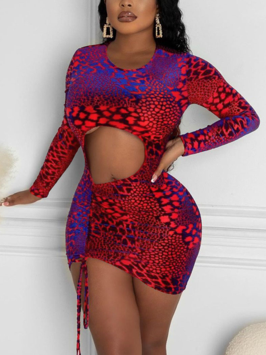 

LW SXY Animal Print Hollow-out Drawstring Bodycon Dress, Purple