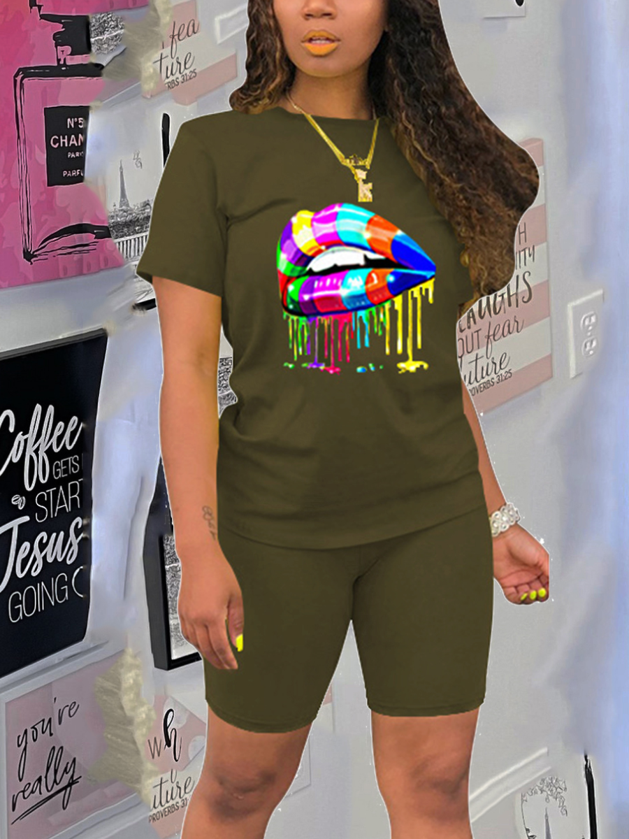 

LW Casual Round Neck Lip Print Black Green Two Piece Shorts Set