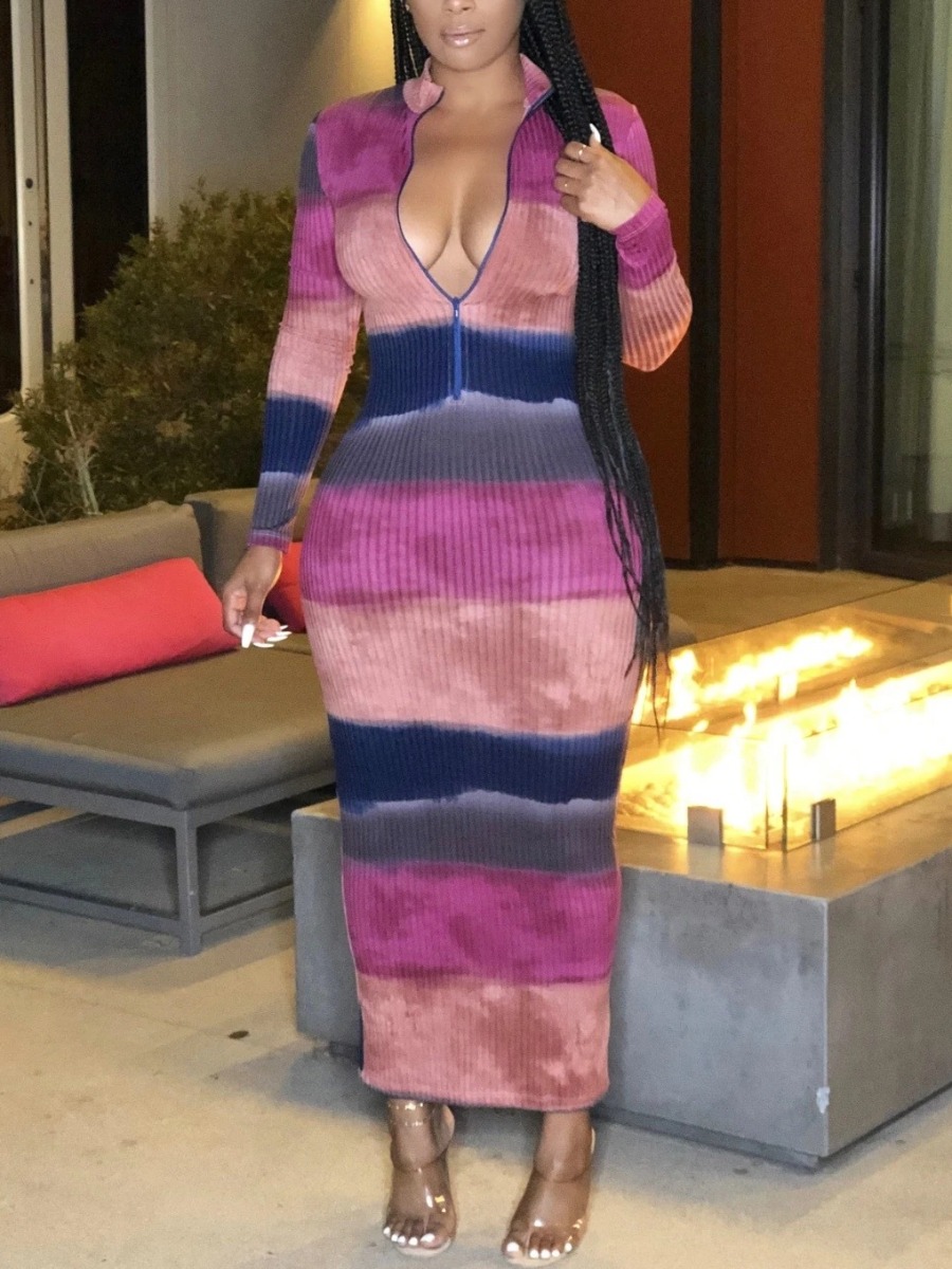 LW Rib-Knit Tie-dye Bodycon Dress, Purple