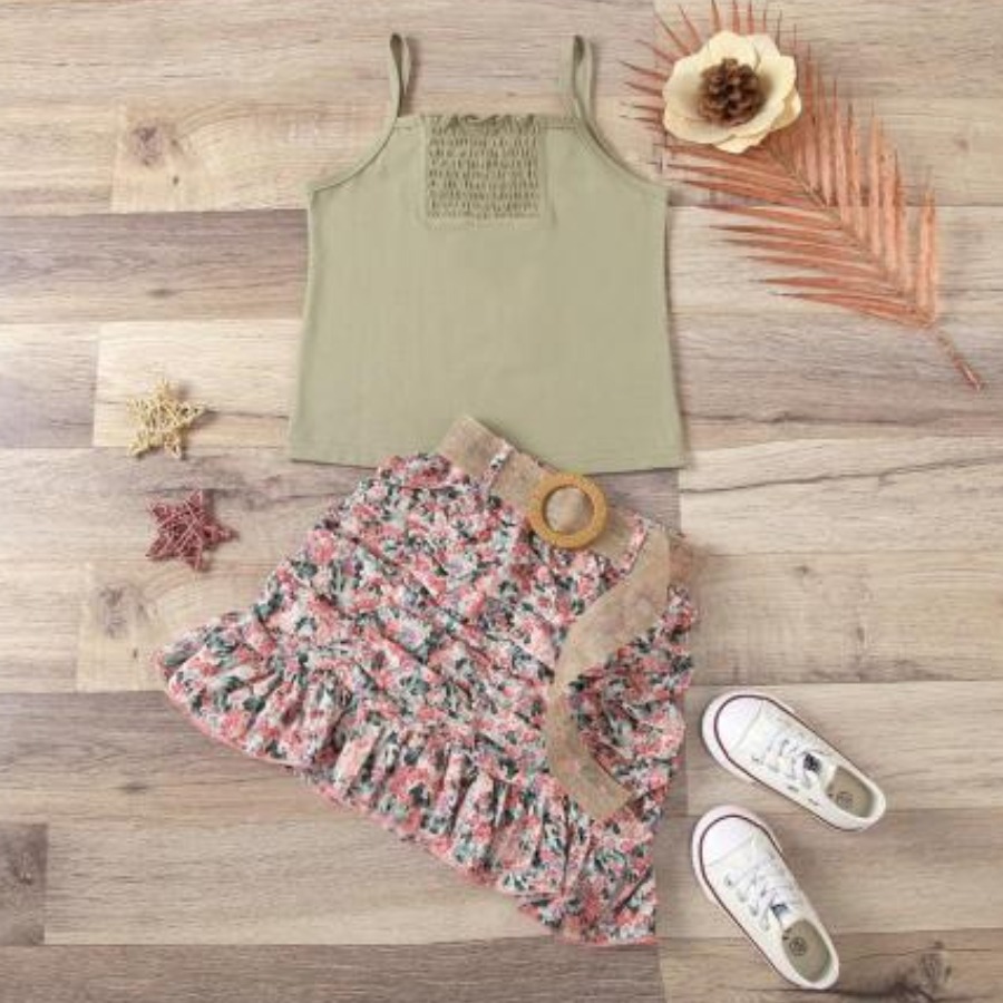 

LW COTTON Girl Material Series Floral Print Shirred Skirt Set, Green