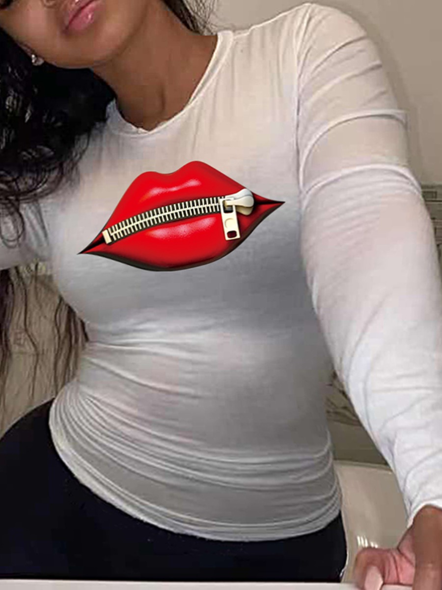 

LW BASICS Plus Size Round Neck Lip Print T-shirt, White