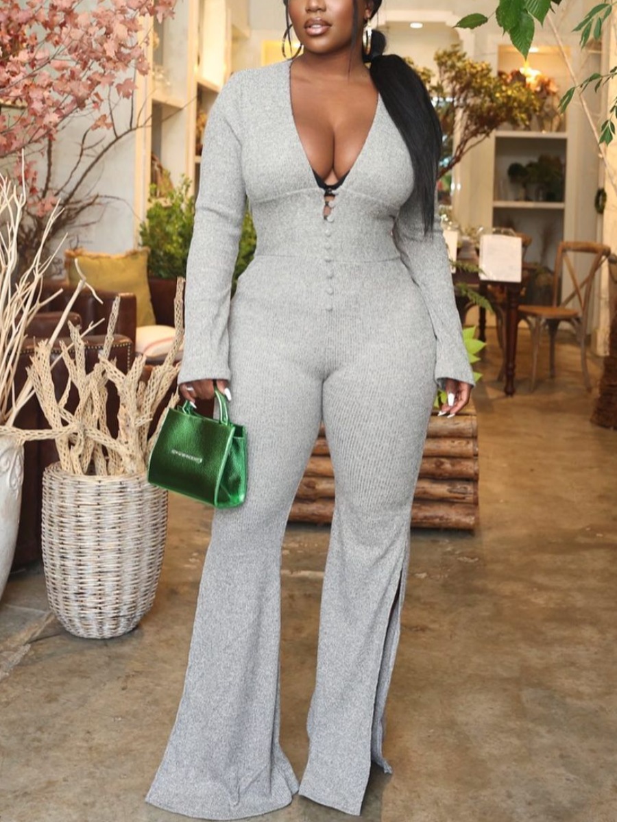 

Lovely V Neck Slit Jumpsuit, Grey
