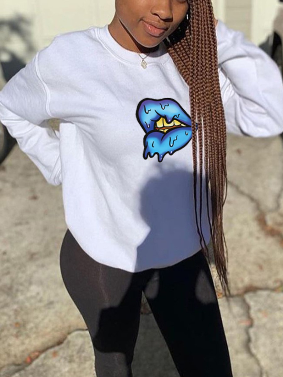 

LW Dropped Shoulder Lip Print Hoodie, White