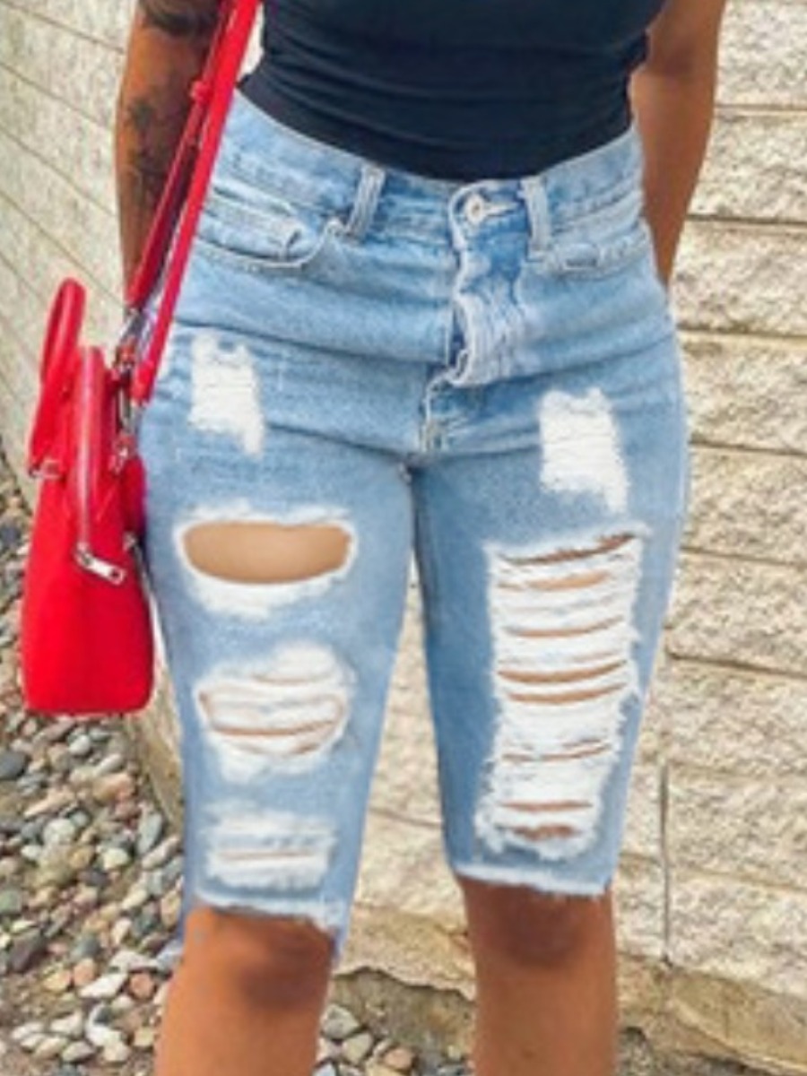 

LW Ripped Raw Edge Denim Shorts, Baby blue