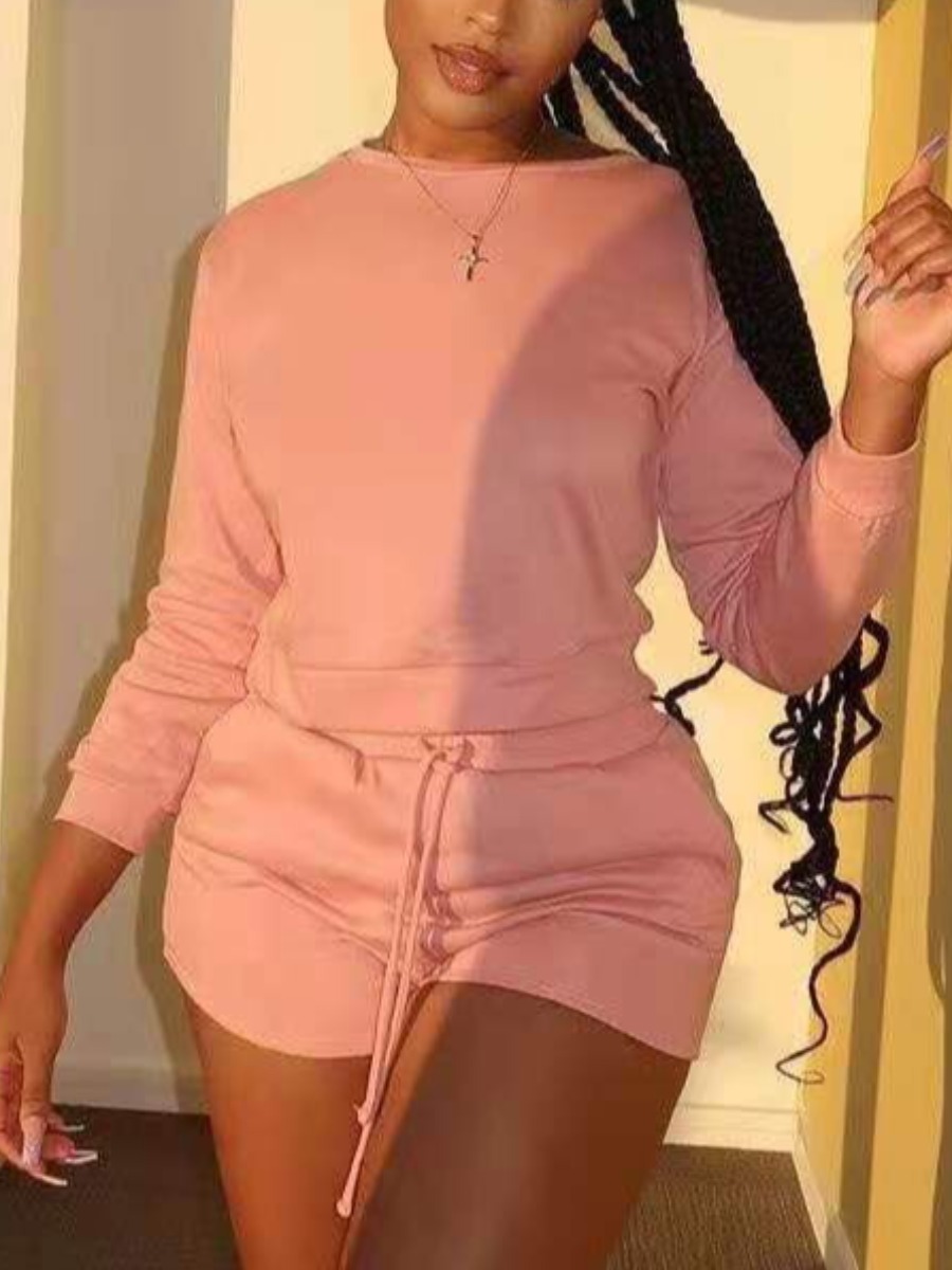 LW Round Neck Drawstring Shorts Set, Pink
