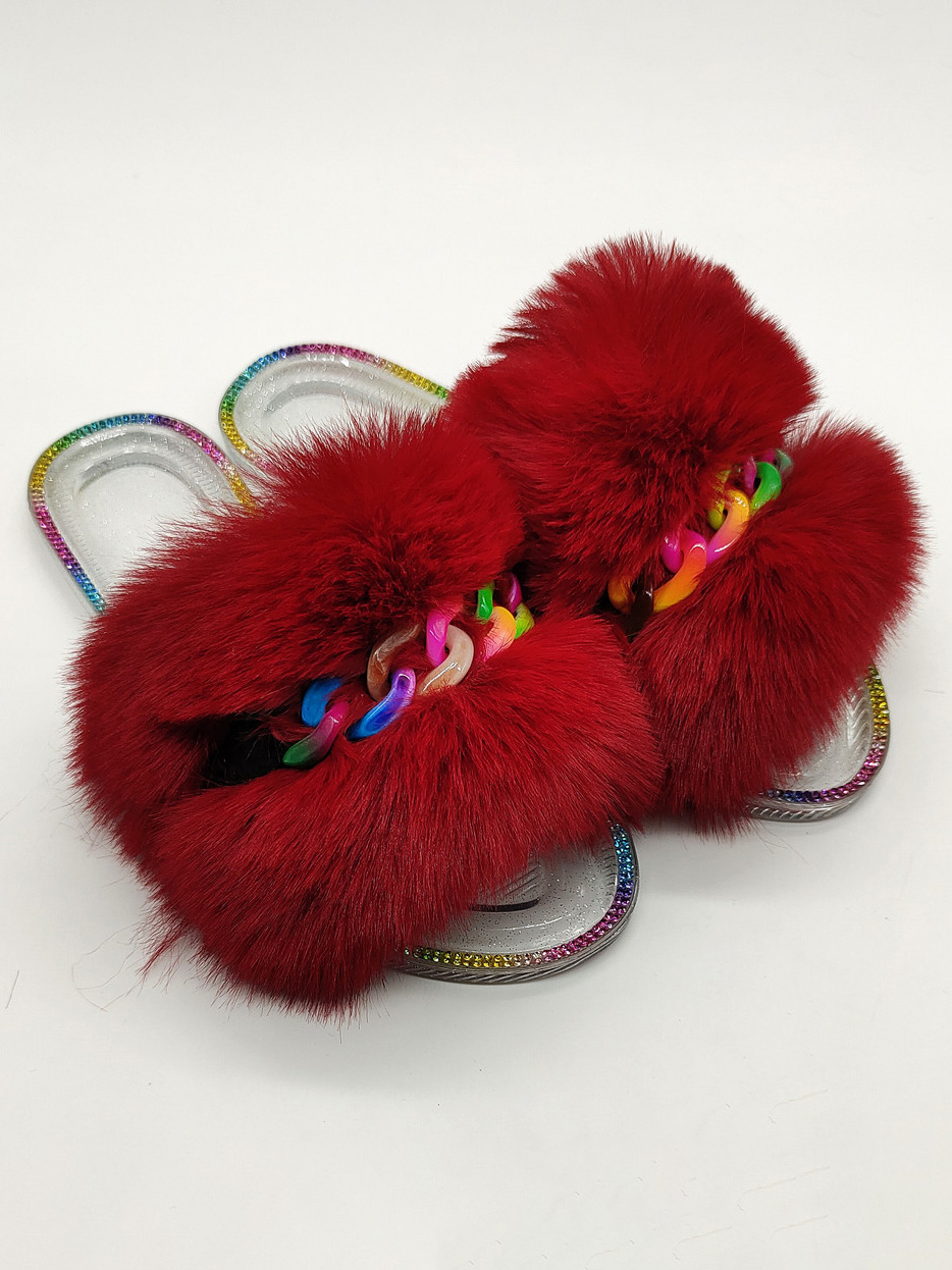 

LW Chain Decoration Fluffy Slippers, Red