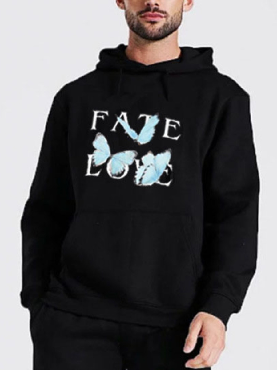 

LW Men Butterfly Letter Print Oversized Hoodie, Black