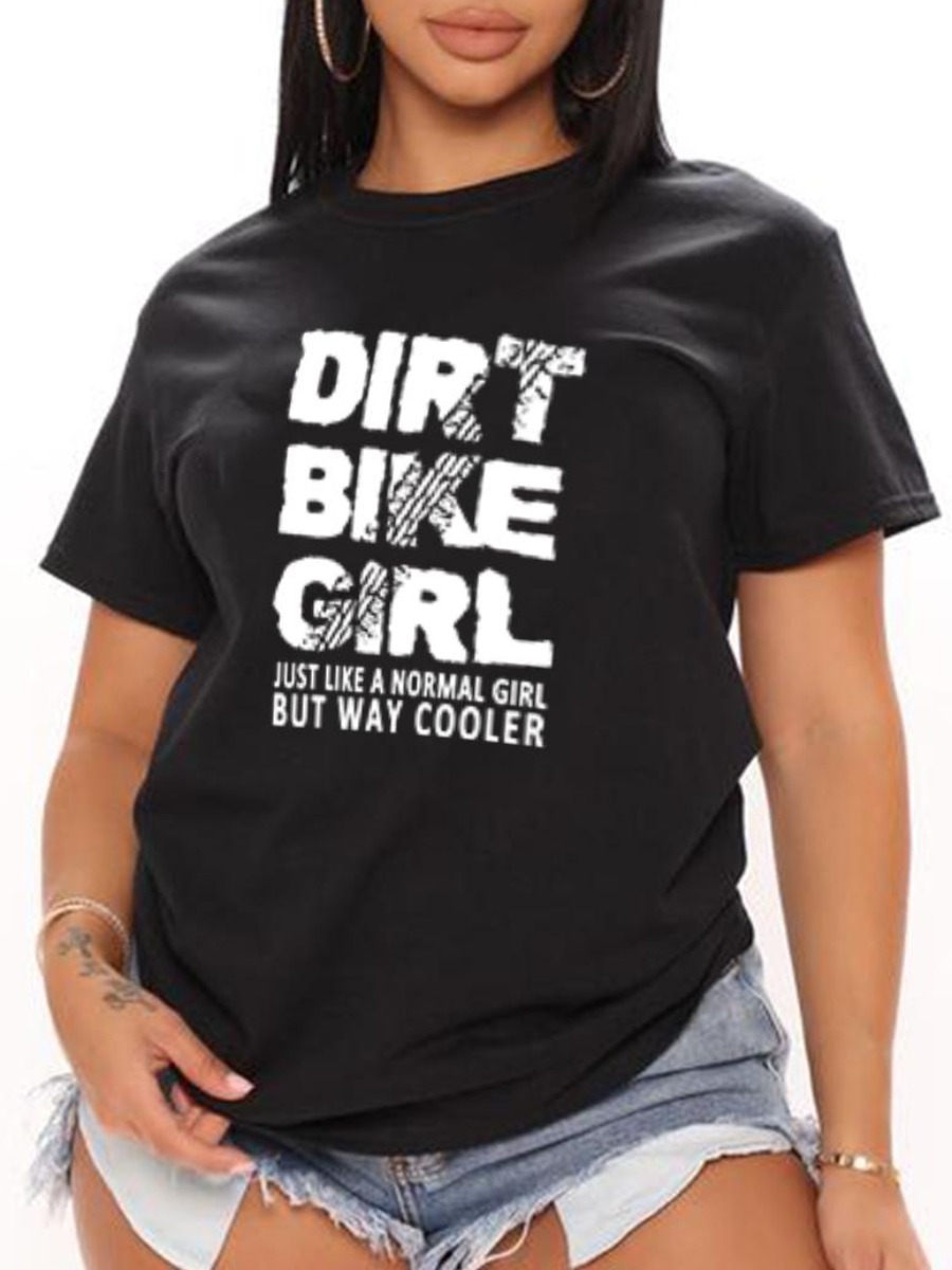 

LW Round Neck Letter Print T-shirt, Black