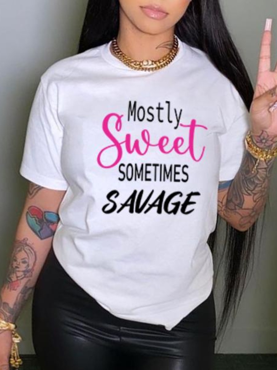 

LW Round Neck Letter Print T-shirt, White