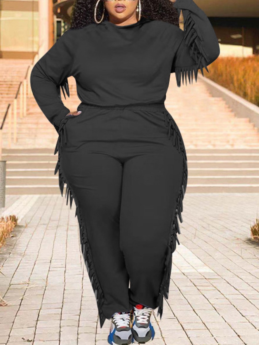 

LW Plus Size Round Neck Tassel Design Pants Set, Black