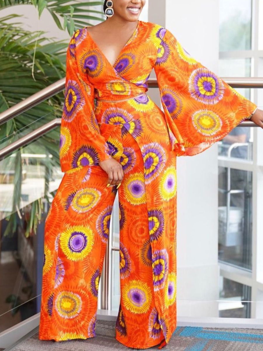 

LW Plus Size Sunflower Print Wide Leg Pants Set, Croci