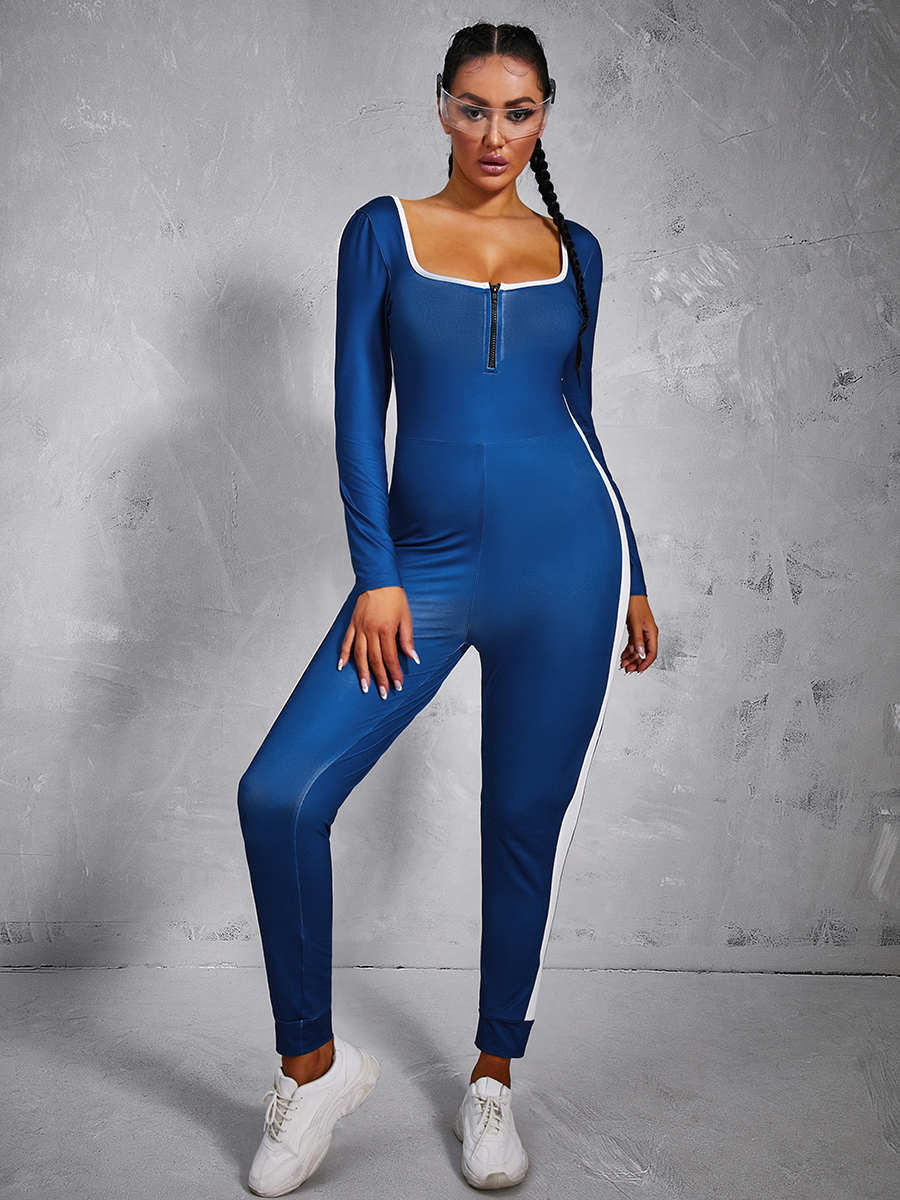 

LW Sportswear Patchwork Zipper Design Blue One-piece Jumpsuit