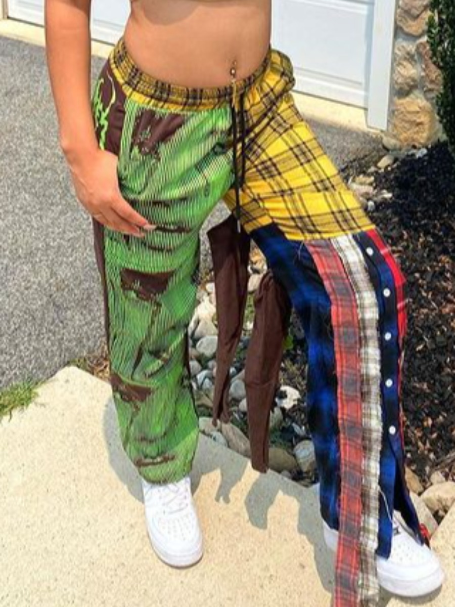 

LW Plaid Print Button Design Pants, Green