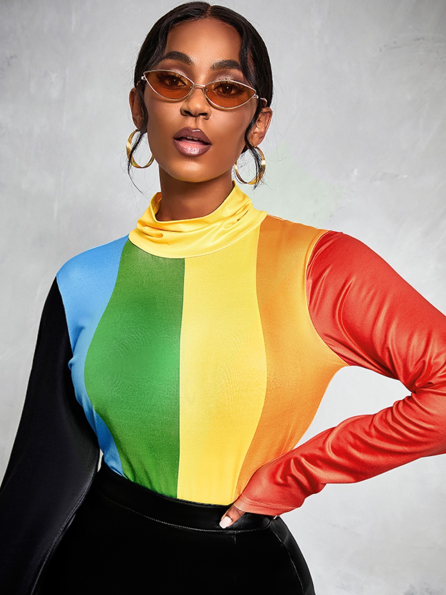 

LW Turtleneck Rainbow Striped T-shirt, Multicolor stripe