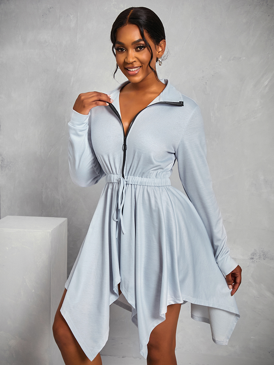 

LW Casual Turndown Collar Zipper Design Asymmetrical Grey Coat