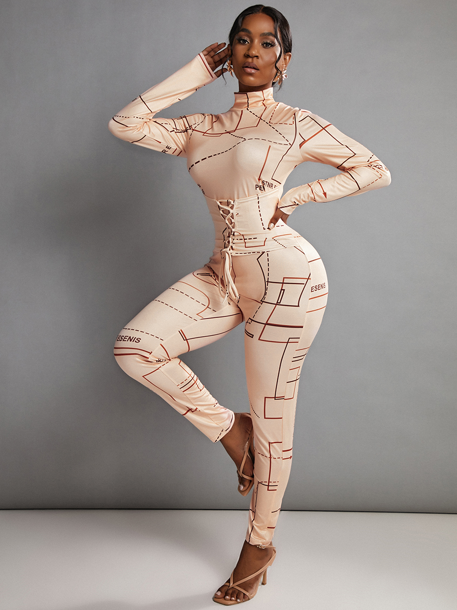 

LW Letter Print Bandage Design Jumpsuit, Apricot