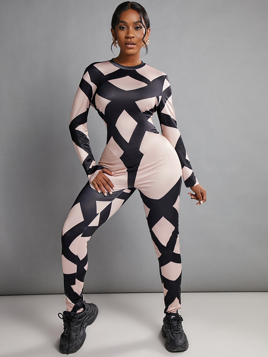 

LW Geometric Print Basic Skinn Jumpsuit, Light camel