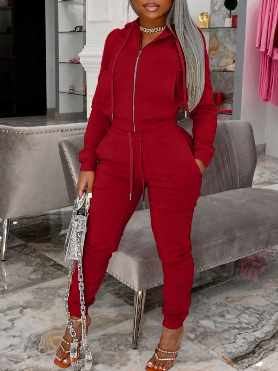 

LW BASICS Hooded Collar Drawstring Pants Set, Red