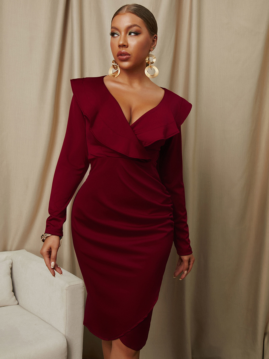 

LW SXY Flounce Fold Design Bodycon Dress, Wine red