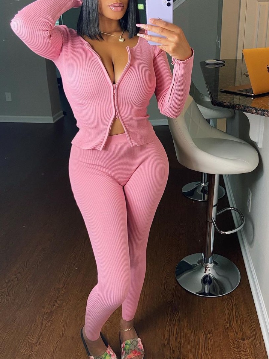 

LW Rib-Knit Zipper Design Pants Set, Pink