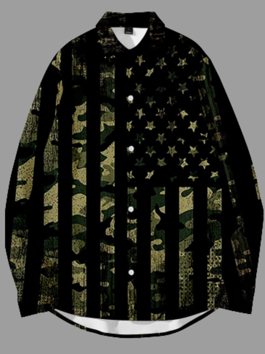 

LW Men Star Print Striped Shirt, Army green