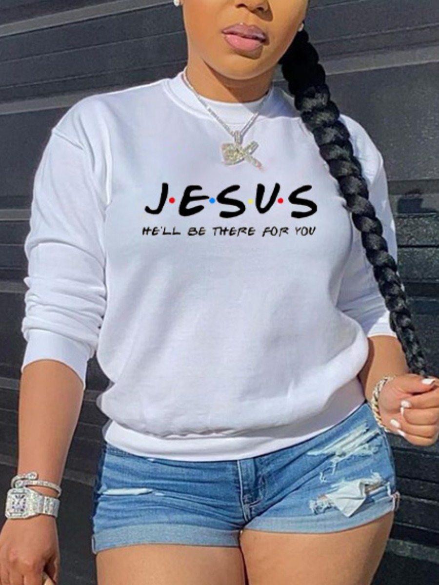 

LW Round Neck Letter Print Hoodie, White