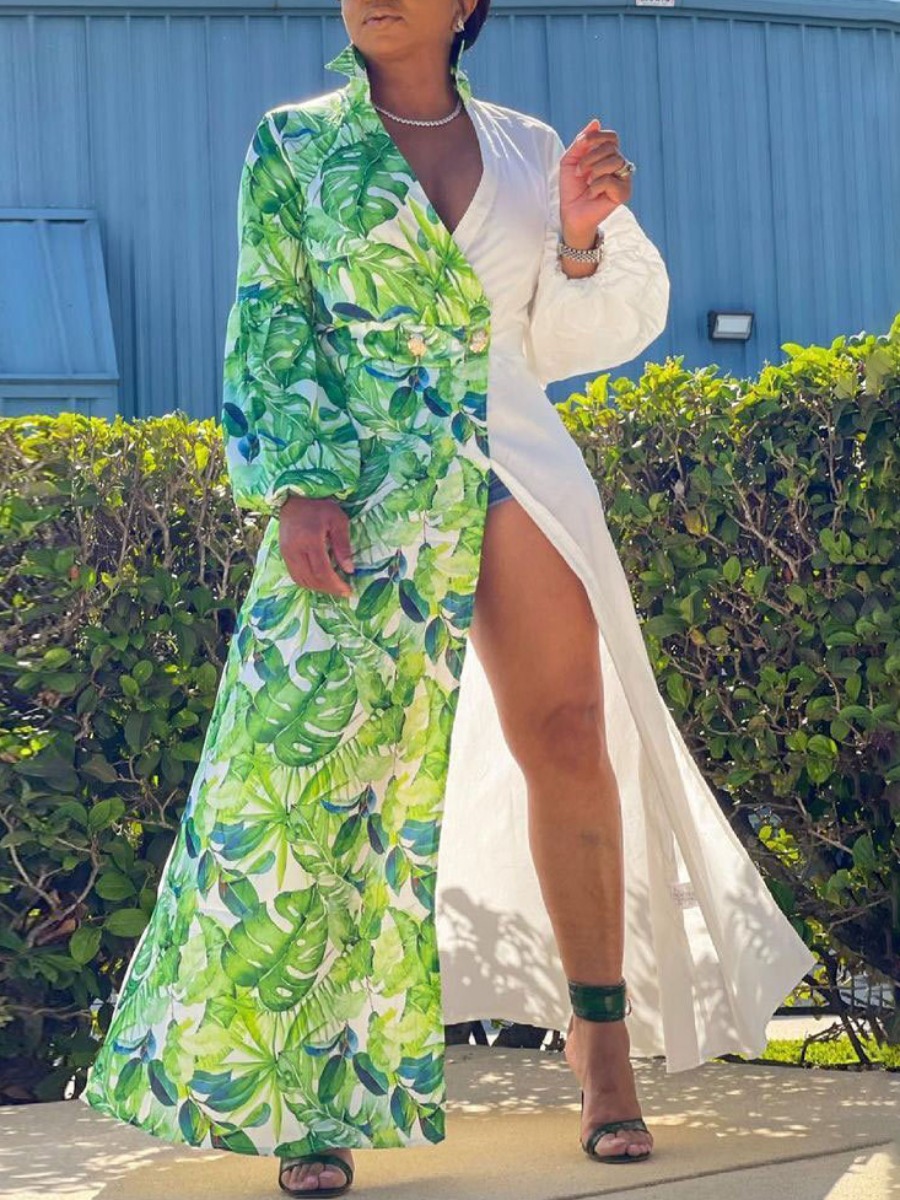 

LW Floral Print Button Design Coat, Green