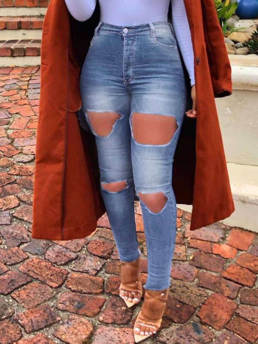 

LW High-waisted Ripped Jeans, Blue