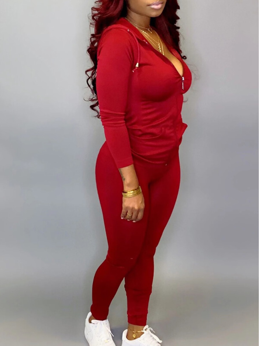 

LW Casual Hooded Collar Wine Red Two-piece Pants Set