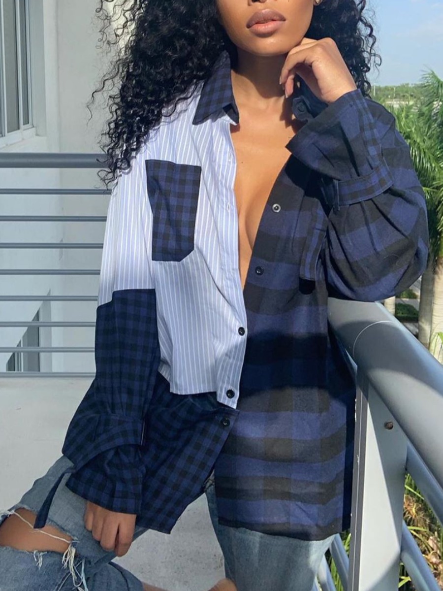

Lovely Plaid Print Striped Blouse, Black