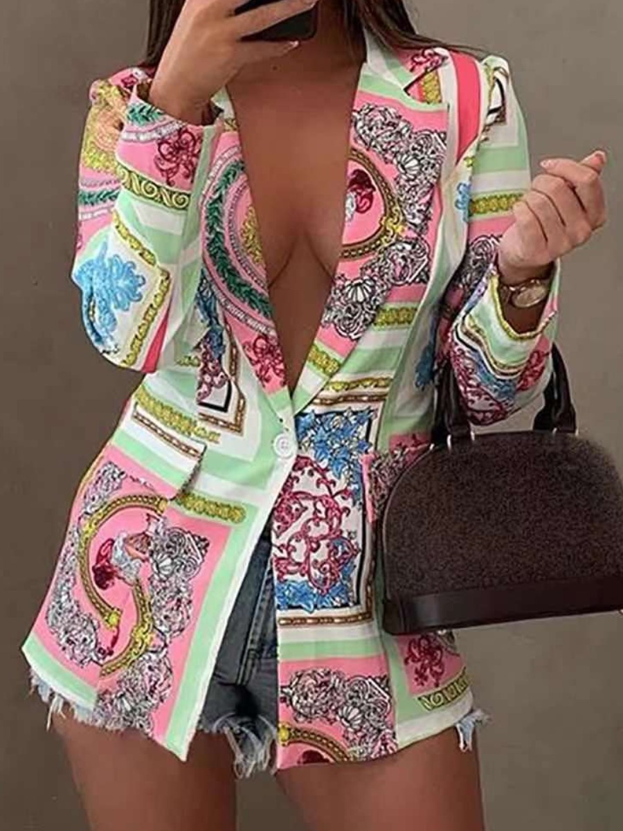 

LW Mixed Print Button Design Blazer, Multi