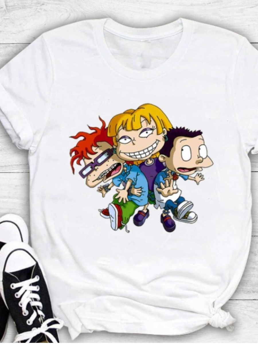 

Lovely Leisure O Neck Cartoon Print Whtie T-shirt, White