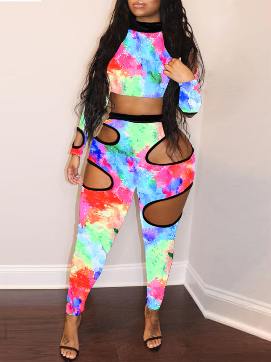 

LW Plus Size Tie-dye Hollow-out Pants Set, Multi