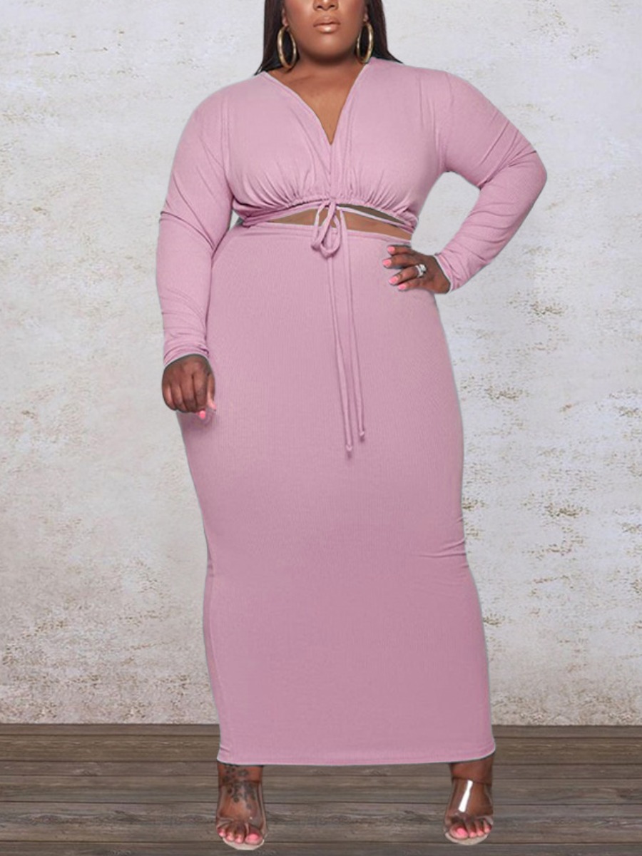 

LW Plus Size V Neck Drawstring Skirt Set, Pink
