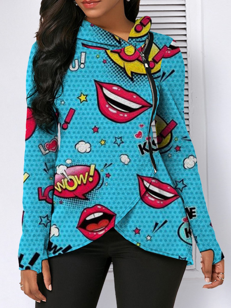 

LW Hooded Collar Lip Letter Print Coat, Blue