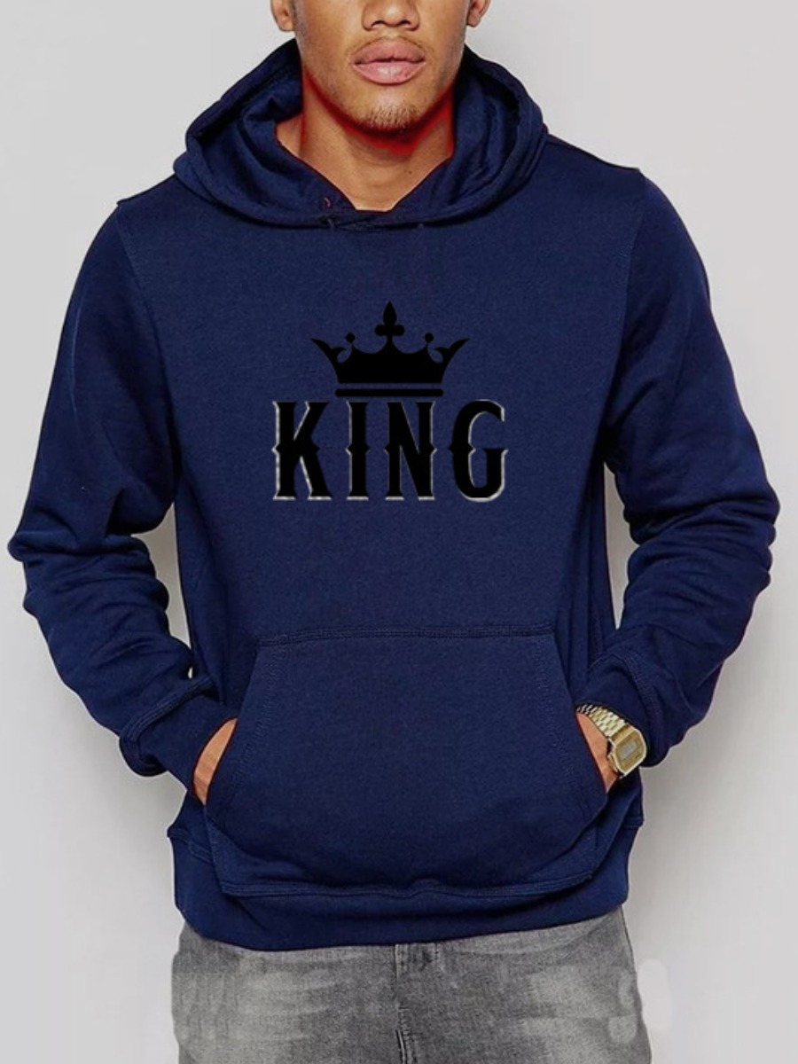 

LW Men Crown Letter Print Hoodie, Navy blue